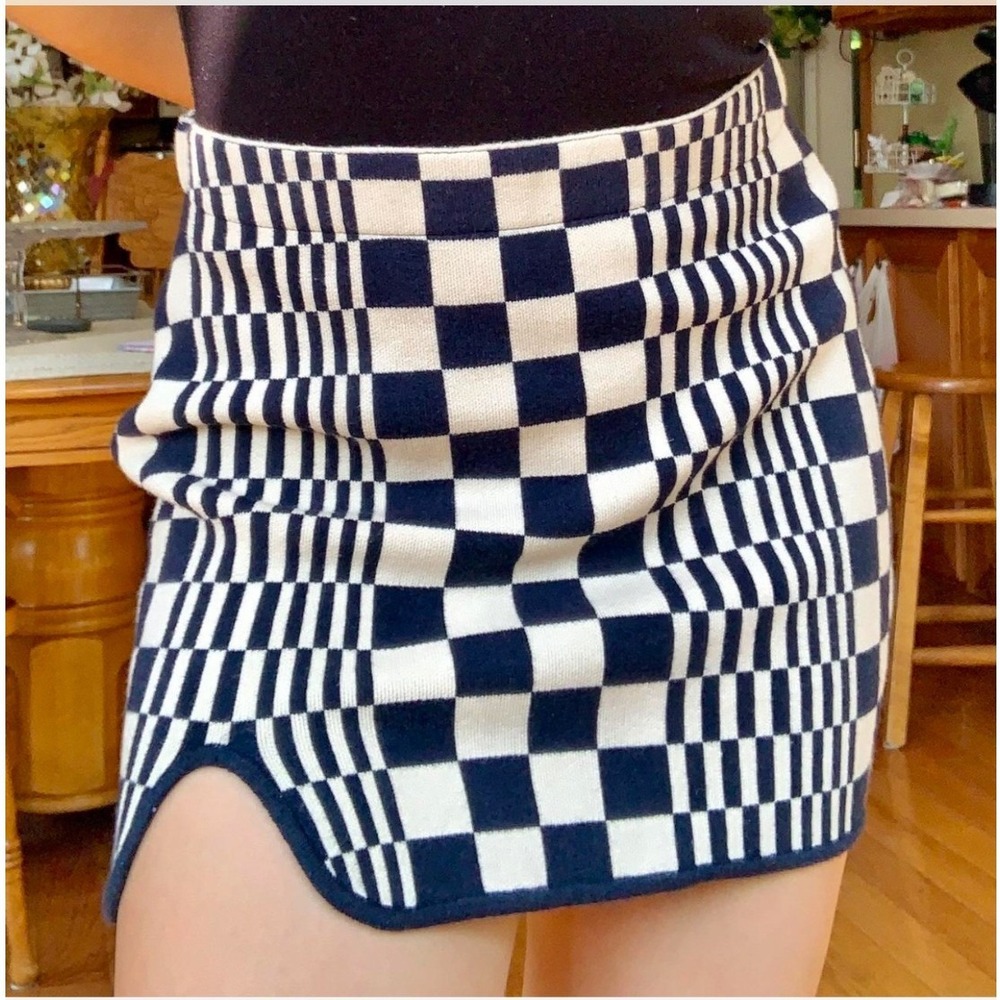 Miou Muse Womens Size Small Destiny Mini Skirt Blue Cream Checkered Pull On Slit